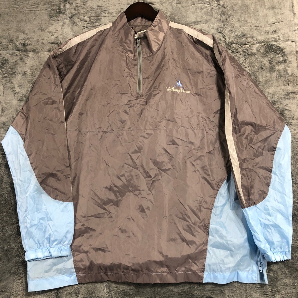 Disney‎ Parks Windbreaker Mens XL/XXL Brown Blue 1/4 Zip Castle Logo
